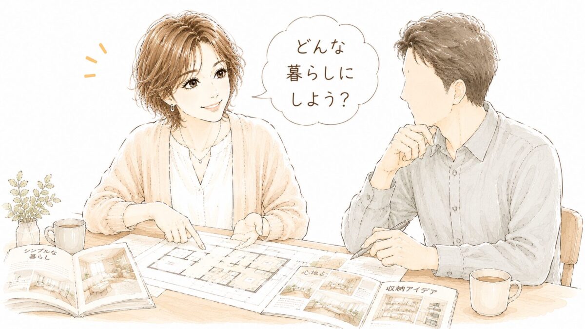 夫婦で間取り図や雑誌を広げながら「どんな暮らしにしよう？」と話し合うイラスト