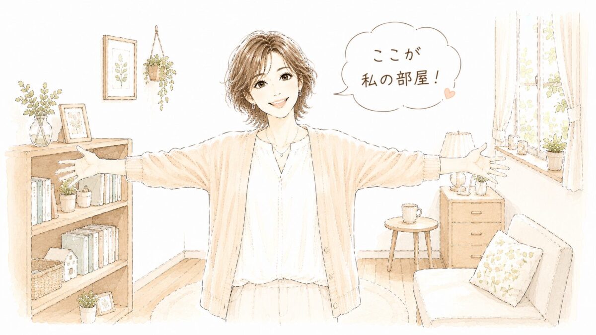 好きなものだけが並んだ明るい部屋で「ここが私の部屋！」と両手を広げる女性のイラスト