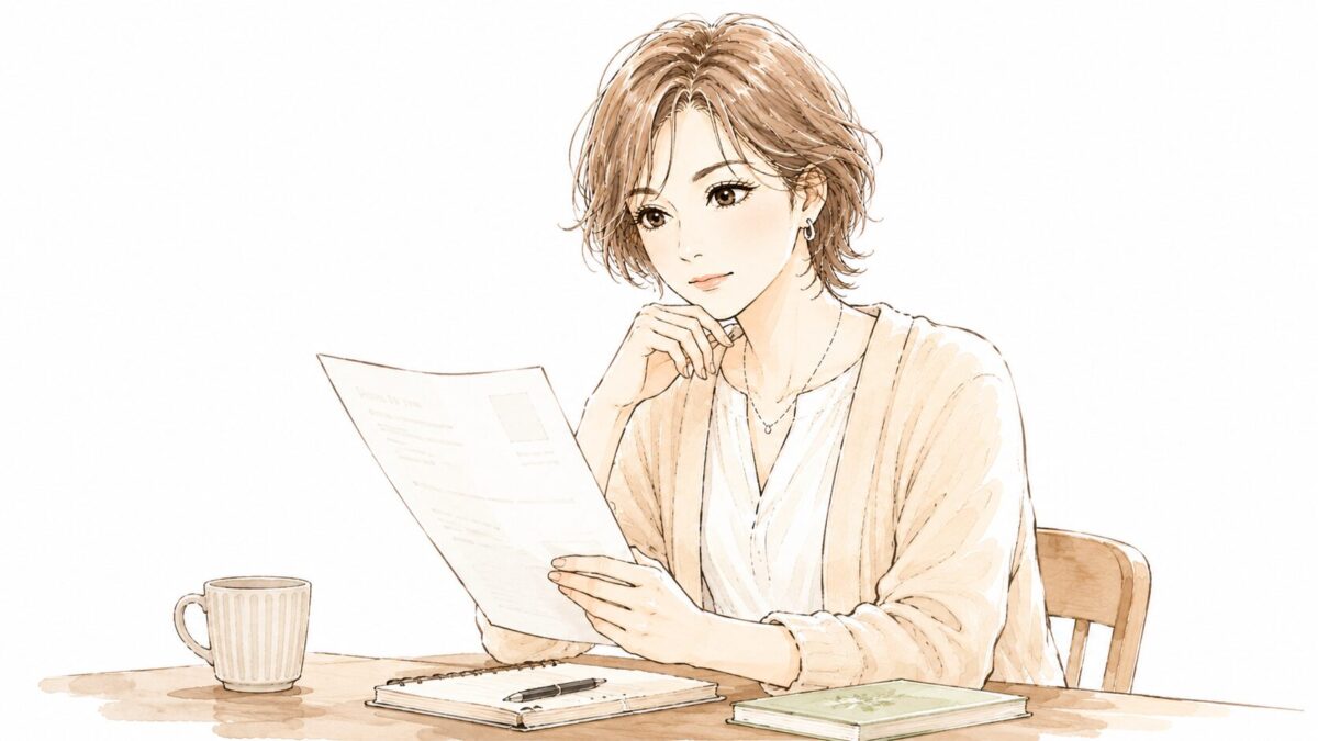 終活について真剣に考える50代女性のイラスト。書類を手に持ち、「何から始めよう」と考えている場面。