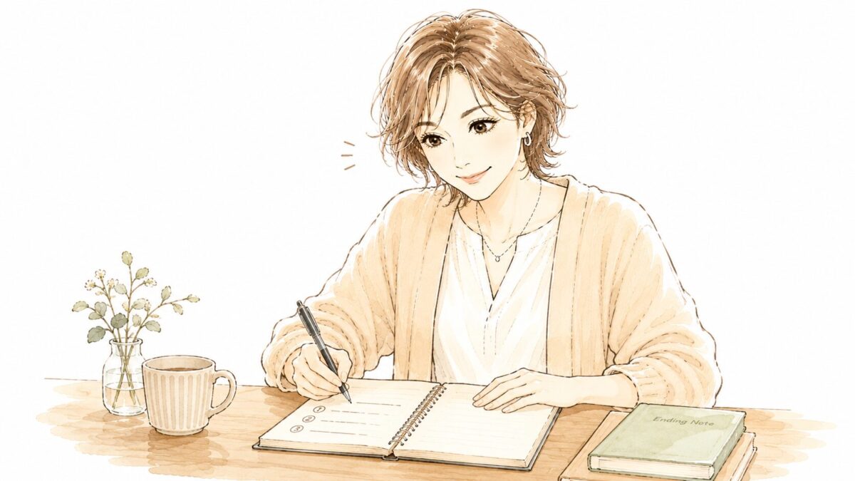 終活のやることリストをノートに書き出している50代女性のイラスト。①②③と番号を書きながら、前向きな表情で整理している場面。