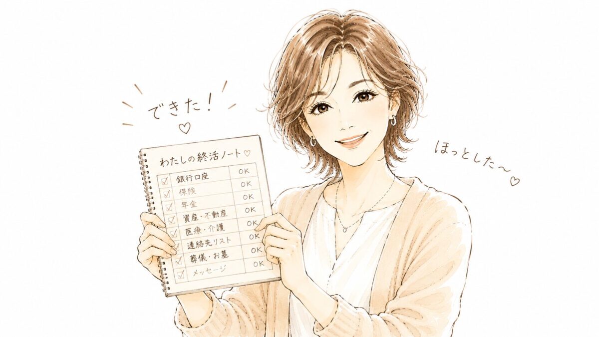 「わたしの終活ノート」を持って「できた！ほっとした〜」と笑顔の50代女性のイラスト。銀行口座・保険・年金など全項目にチェックが入っている。