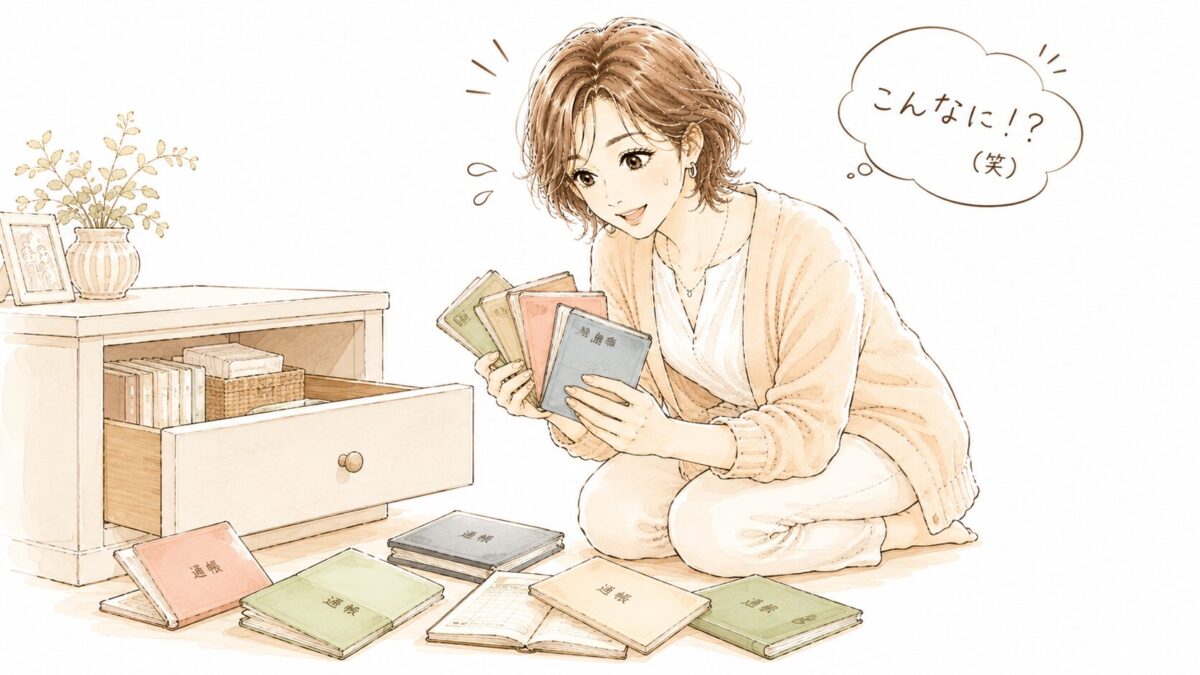 引き出しから通帳が何冊も出てきて「こんなに!?(笑)」と驚く50代女性のイラスト。終活で銀行口座の多さに気づいた場面。