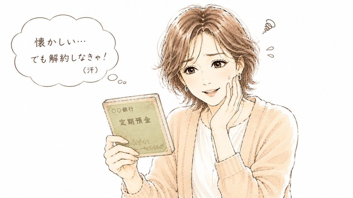 古い定期預金通帳を手に「懐かしい…でも解約しなきゃ!(汗)」と苦笑いする50代女性のイラスト。バブル時代の休眠口座を発見した場面。