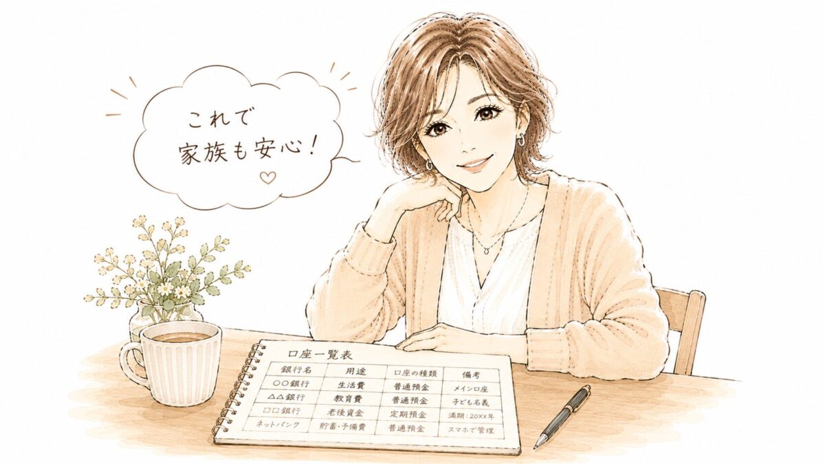口座一覧表を書き終えて「これで家族も安心!」と満足そうに微笑む50代女性のイラスト。銀行名・用途・口座の種類が表に書かれている。