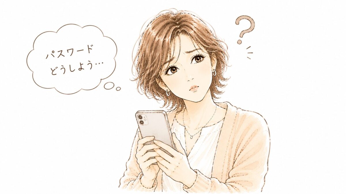 スマホを持って「パスワードどうしよう…」と考え込む50代女性のイラスト。デジタル遺産・パスワード管理に悩む場面。