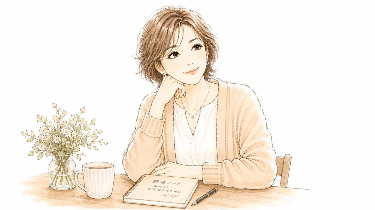「終活ノート 私のこと、大切な人のために」と書かれたノートを前に、穏やかに微笑む50代女性のイラスト。銀行口座整理を終えた静かな達成感。