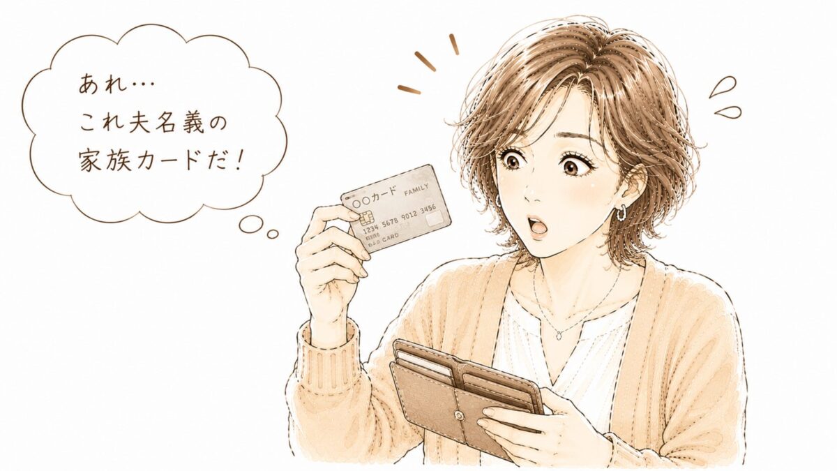 財布から「○○カード FAMILY」を取り出して「あれ…これ夫名義の家族カードだ！」とハッとした表情の50代女性のイラスト。