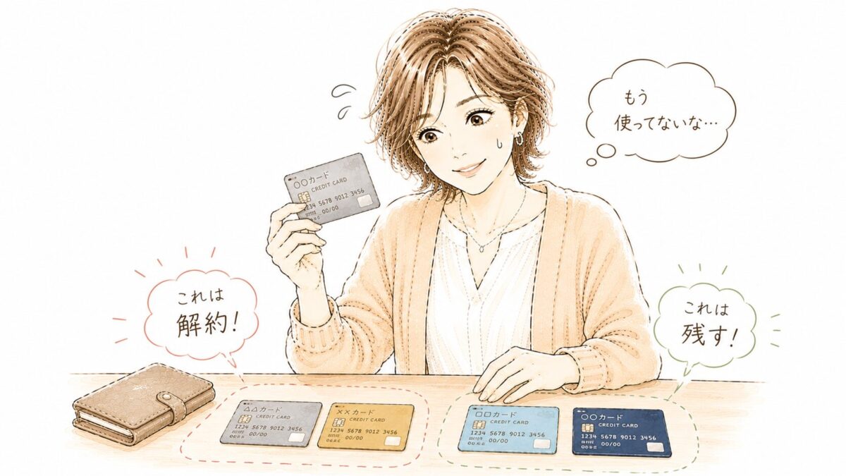 クレジットカードを「これは解約！」「これは残す！」と仕分けしている50代女性のイラスト。「もう使ってないな…」と苦笑いの表情。