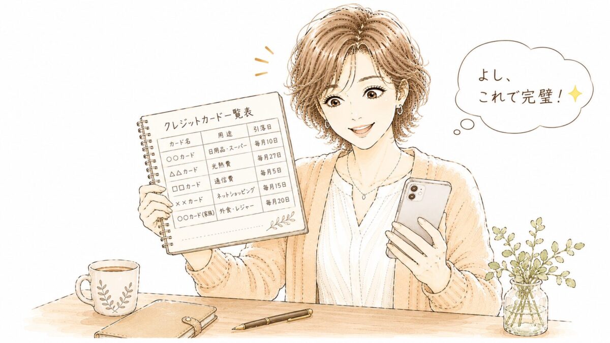 「クレジットカード一覧表」を完成させて「よし、これで完璧！」とスマホと見比べながら笑顔の50代女性のイラスト。