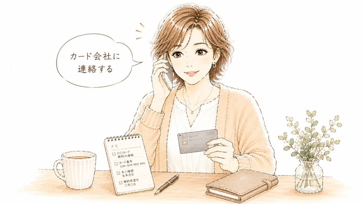 カード会社に電話で解約手続きをしている50代女性のイラスト。手元にメモとクレジットカード。「カード会社に連絡する」の吹き出し付き。