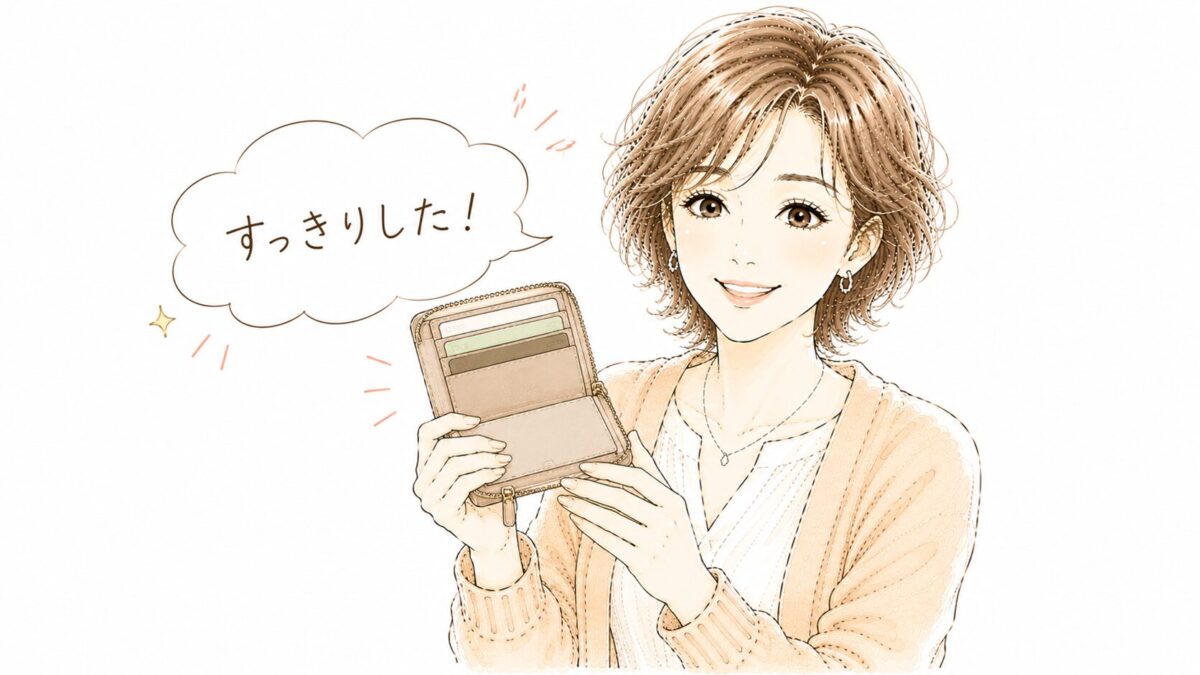 カードを整理してスッキリした財布を見せながら「すっきりした！」と笑顔の50代女性のイラスト。