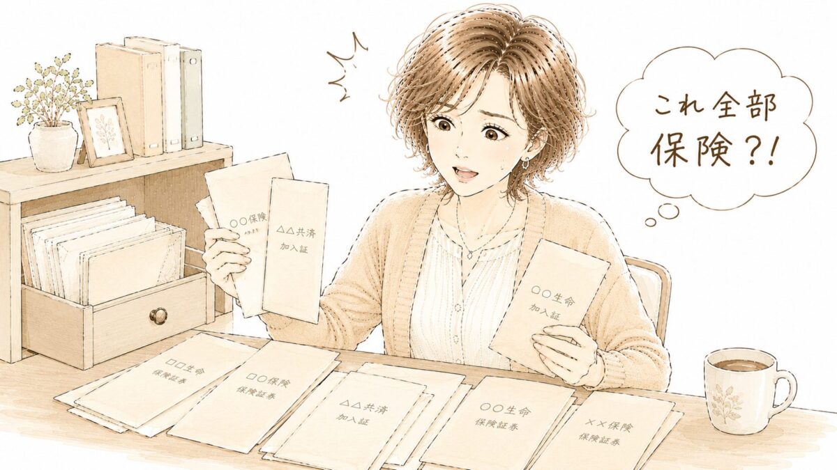 alt="引き出しから保険証券が次々と出てきて驚く女性のイラスト。「これ全部保険？！」と思わず声を上げている様子"