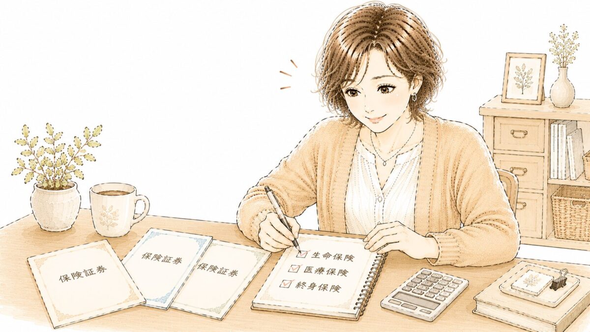 alt="保険証券を広げてチェックリストを確認する女性のイラスト。「生命保険✓ 医療保険✓ 終身保険✓」と一つずつ見直している様子"