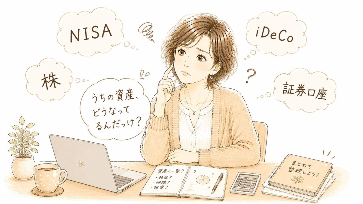 「NISA」「iDeCo」「株」「証券口座」の言葉がふわふわ浮かぶ中、「うちの資産、どうなってるんだっけ？」と首をかしげて考え込む女性のイラスト