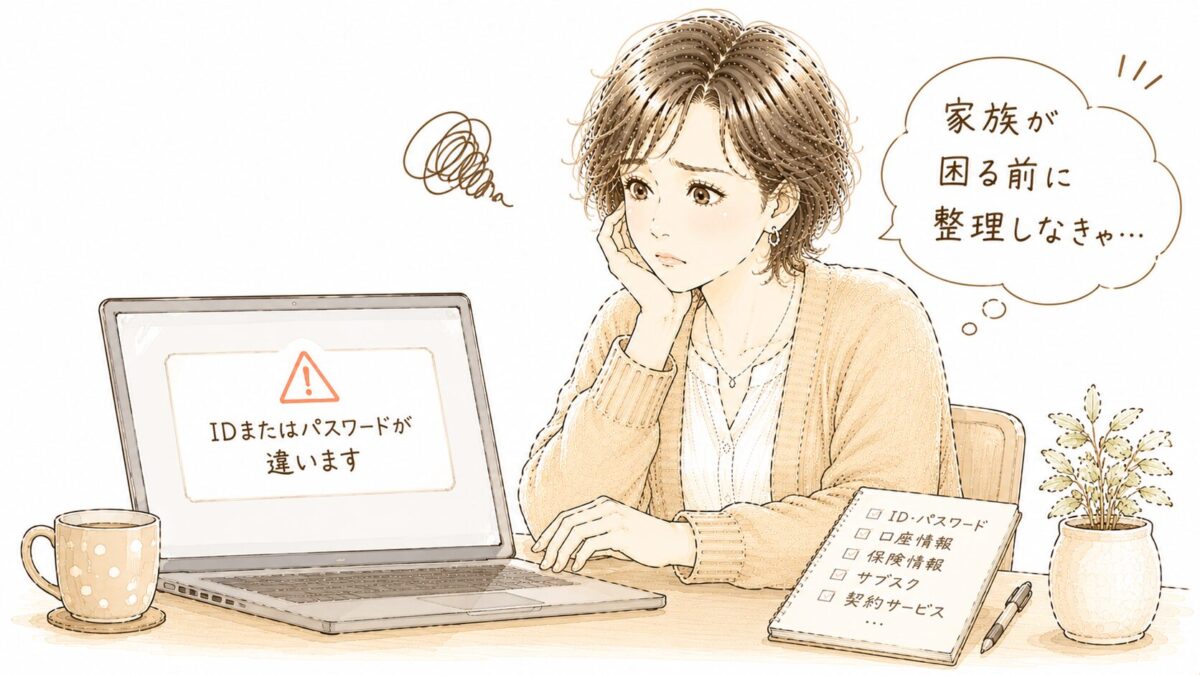 「IDまたはパスワードが違います」のエラー画面を前に、「家族が困る前に整理しなきゃ…」と考え込む女性のイラスト