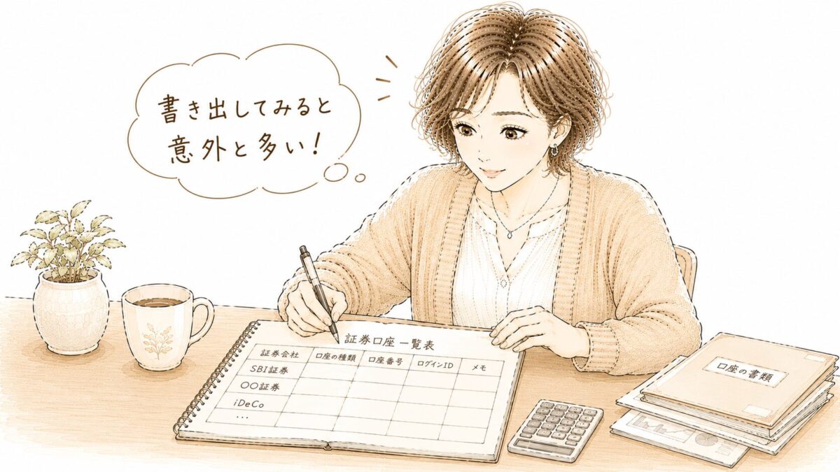 「証券口座一覧表」にSBI証券・○○証券・iDeCoと書き込みながら、「書き出してみると意外と多い！」と気づく女性のイラスト
