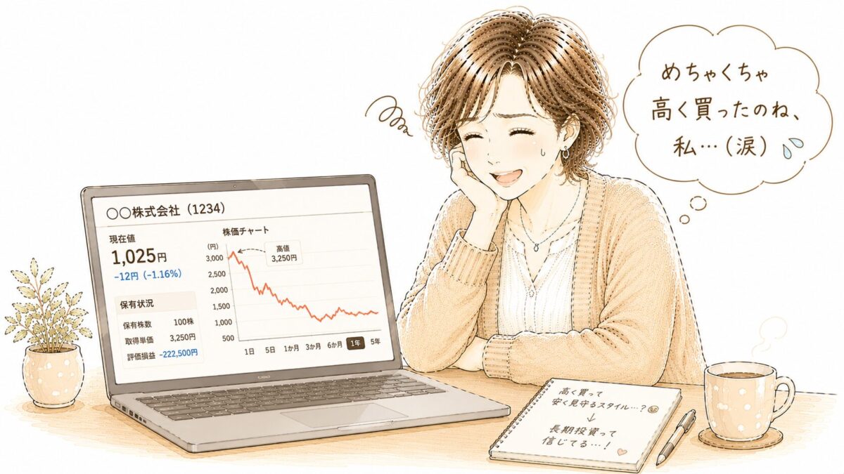 右肩下がりの株価チャートを見て苦笑いする女性のイラスト。「めちゃくちゃ高く買ったのね、私…（涙）」の吹き出し付き