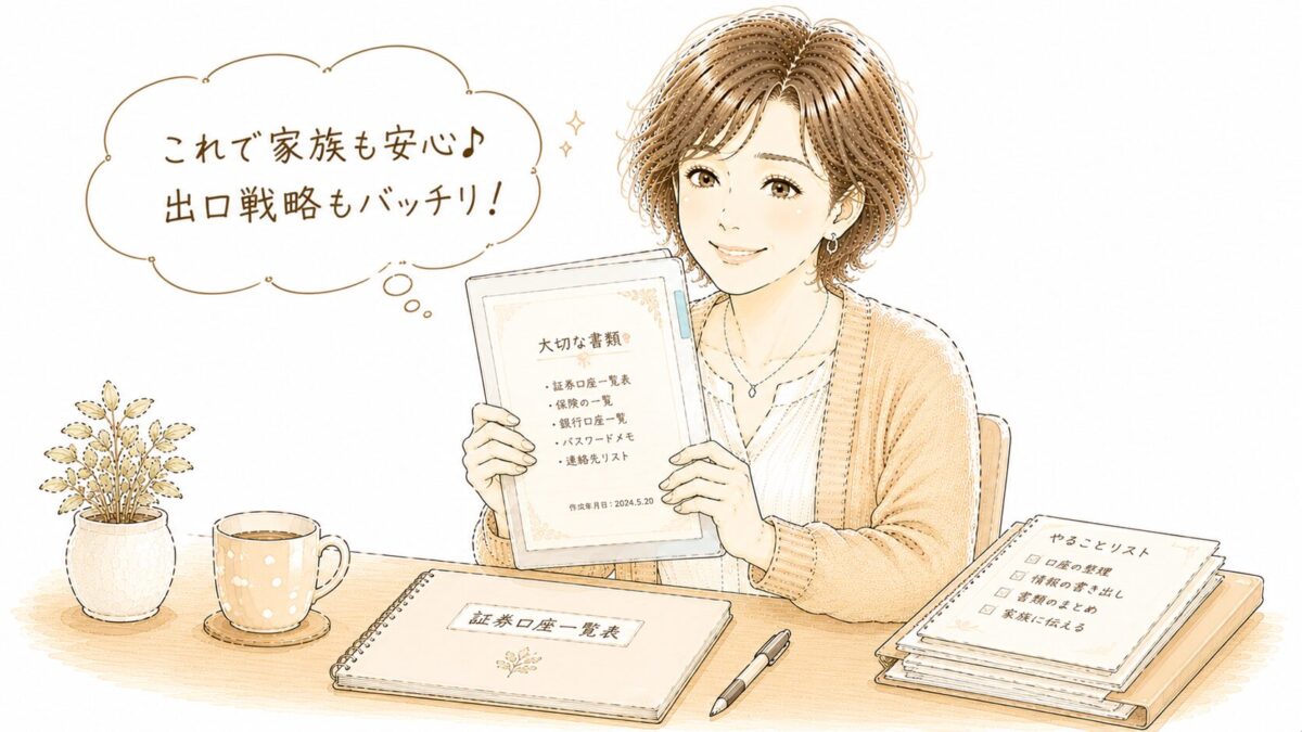「大切な書類」（証券口座一覧表・保険の一覧・銀行口座一覧など）が記されたファイルを掲げて微笑む女性のイラスト。「これで家族も安心♪ 出口戦略もバッチリ！」の吹き出し付き