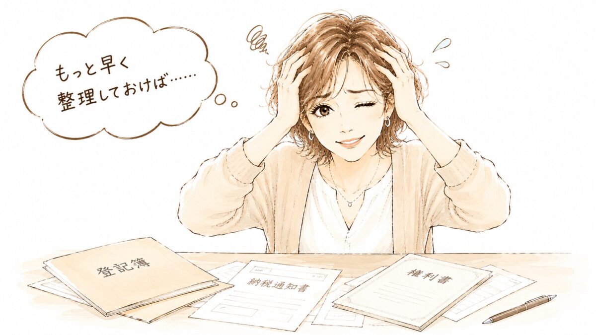 「登記簿」「納税通知書」「権利書」が並ぶ書類の山を前に、両手で頭を抱えながら「もっと早く整理しておけば……」と苦笑いする女性のイラスト