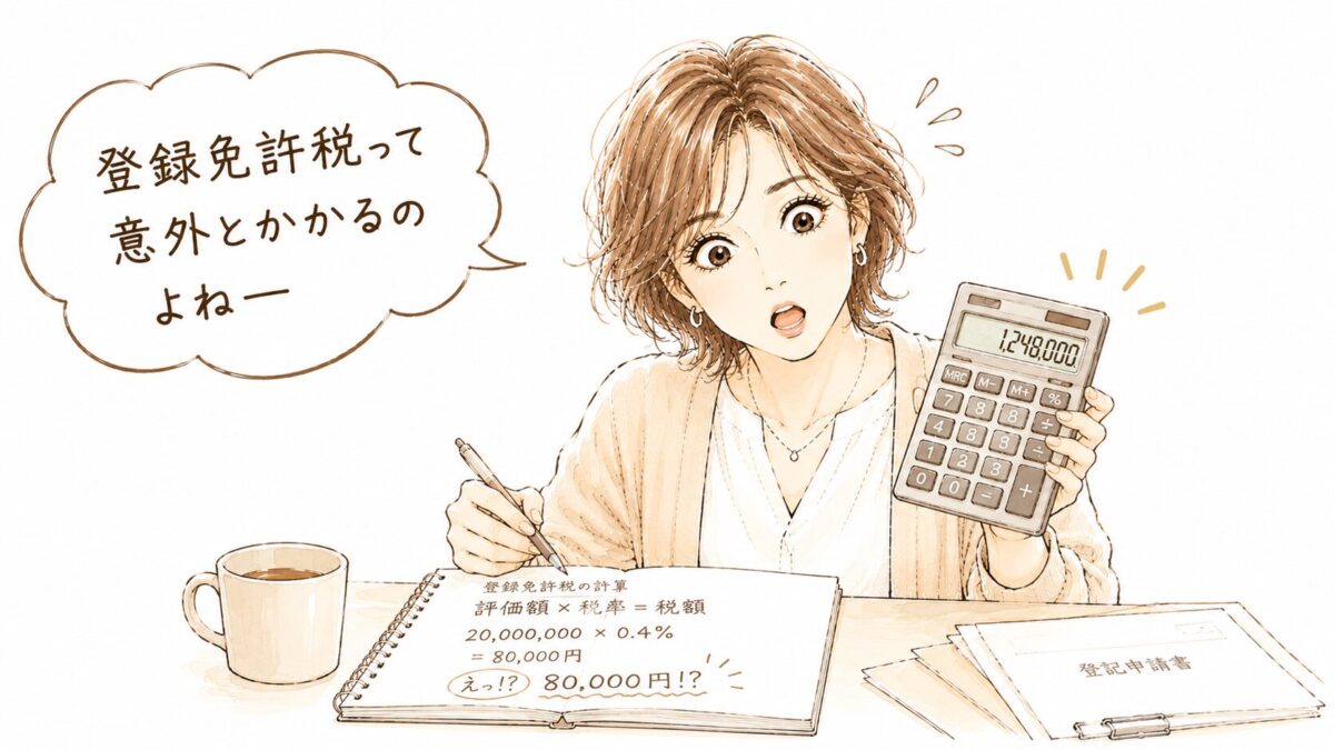 電卓に「1,248,000」と表示された計算結果を見て目を丸くする女性のイラスト。ノートに「評価額×税率＝税額　えっ!? 80,000円!?」と書かれている。「登録免許税って意外とかかるのよねー」の吹き出し付き