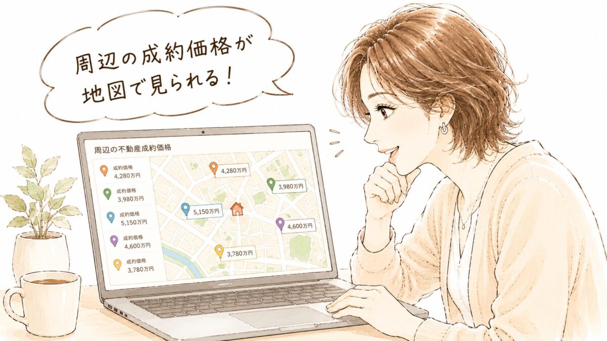 パソコンの画面に周辺の不動産成約価格が地図表示されているのを覗き込む女性のイラスト。「周辺の成約価格が地図で見られる！」の吹き出し付き