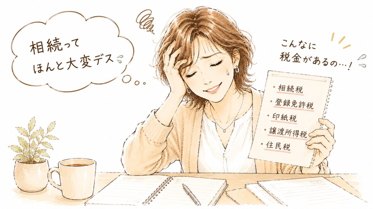 「相続税・登録免許税・印紙税・譲渡所得税・住民税」が書かれたノートを手に持ち、「こんなに税金があるの…！」と疲れた苦笑い顔の女性のイラスト。「相続ってほんと大変デス」の吹き出し付き