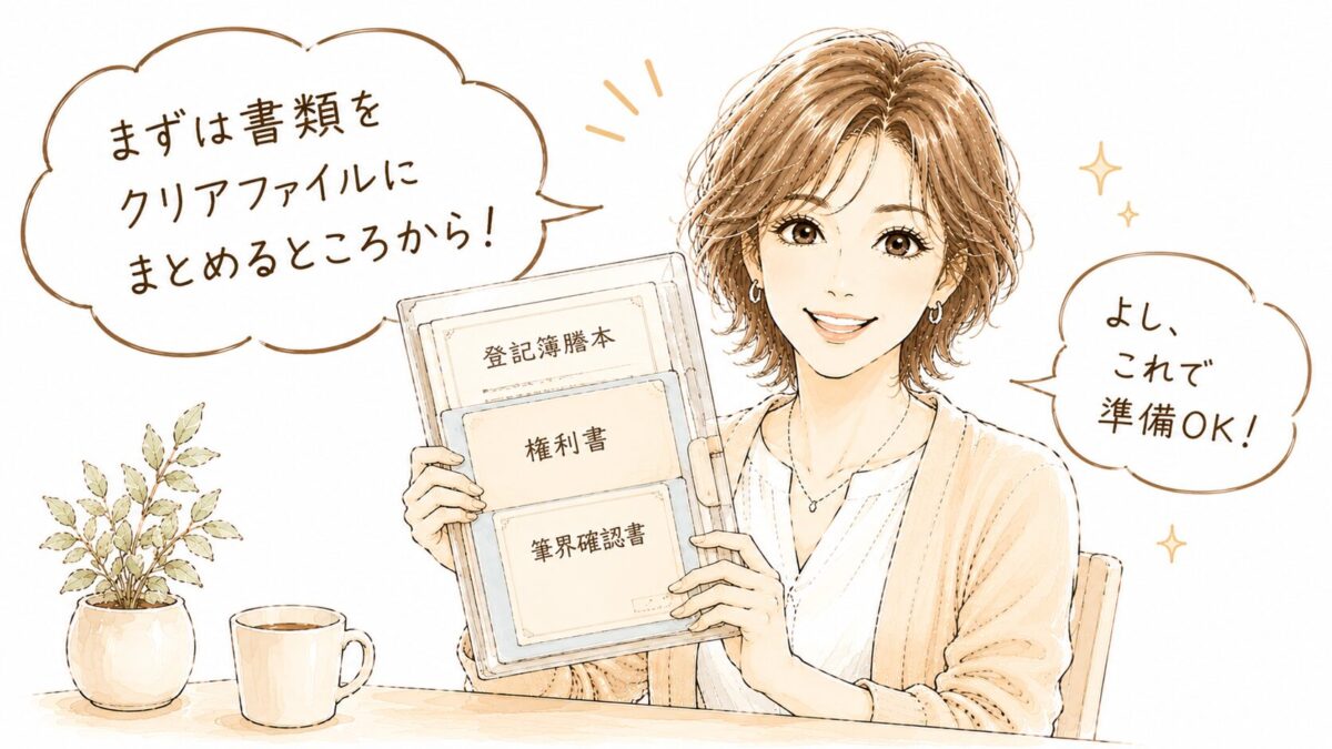 「登記簿謄本・権利書・筆界確認書」が入ったクリアファイルを掲げて微笑む女性のイラスト。「まずは書類をクリアファイルにまとめるところから！」「よし、これで準備OK！」の吹き出し付き