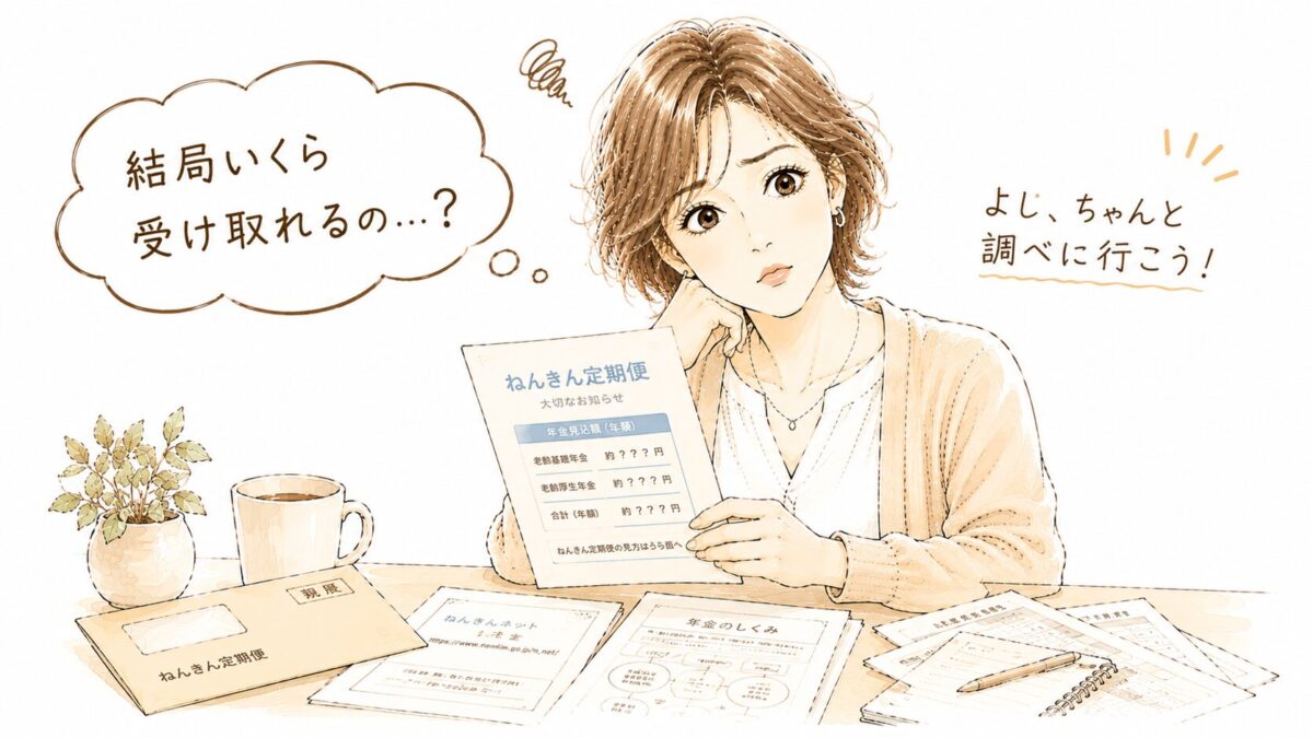 ねんきん定期便を手に持ちながら「結局いくら受け取れるの…？」と困惑する女性のイラスト。「よし、ちゃんと調べに行こう！」の吹き出し付き