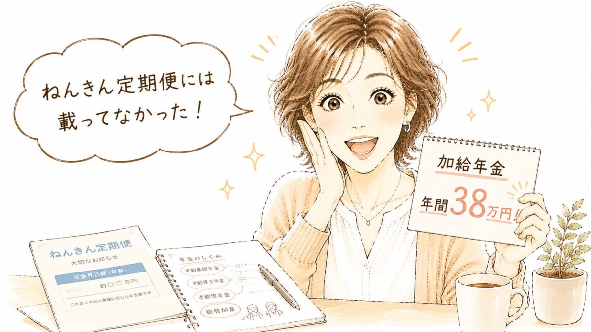 「加給年金　年間38万円！」と書かれたノートを持ち、目を丸くして驚く女性のイラスト。「ねんきん定期便には載ってなかった！」の吹き出し付き