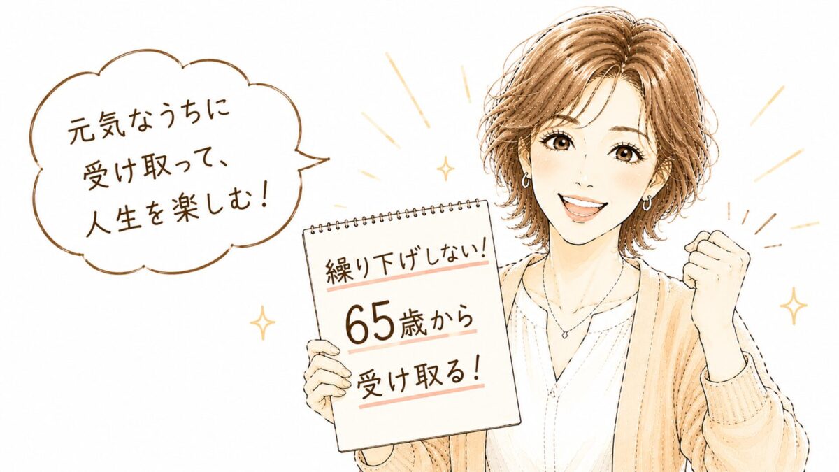 「繰り下げしない！65歳から受け取る！」と書かれたノートを掲げてガッツポーズする女性のイラスト。「元気なうちに受け取って、人生を楽しむ！」の吹き出し付き