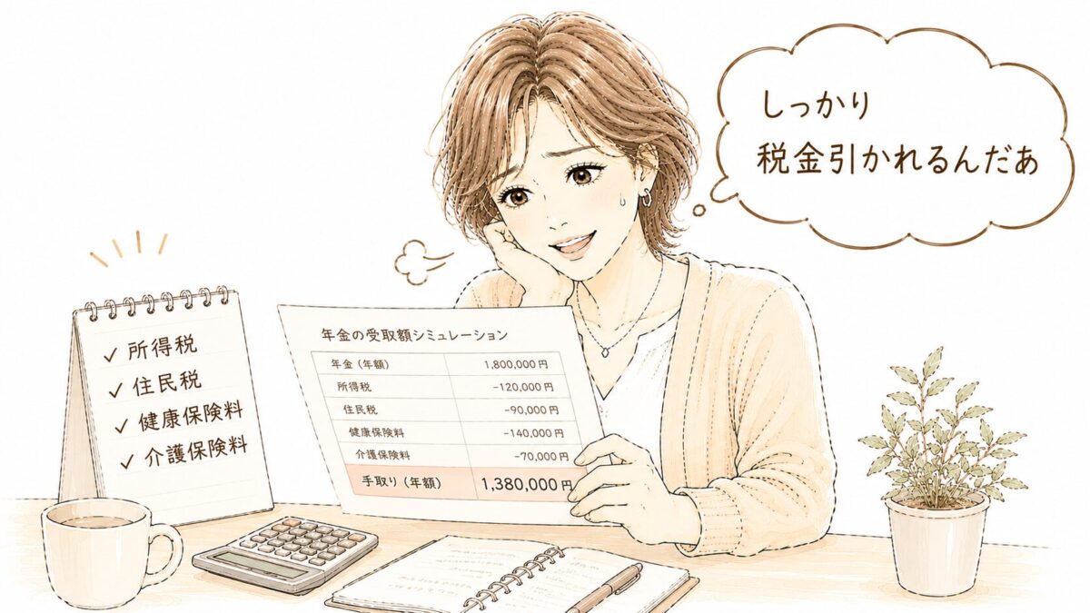 年金の受取額シミュレーション（所得税・住民税・健康保険料・介護保険料が差し引かれた手取り額）を見て苦笑いする女性のイラスト。「しっかり税金引かれるんだあ」の吹き出し付き