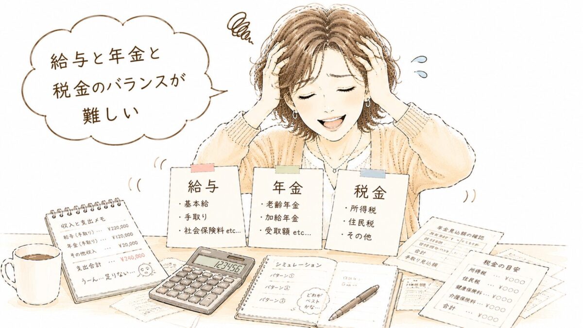 「給与」「年金」「税金」と書かれた3枚のカードを前に、頭を抱えて「給与と年金と税金のバランスが難しい」と苦笑いする女性のイラスト