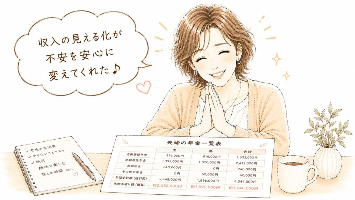 夫婦の年金一覧表（老齢基礎年金・老齢厚生年金・加給年金・手取り額）を前に手を合わせて微笑む女性のイラスト。「収入の見える化が不安を安心に変えてくれた♪」の吹き出し付き