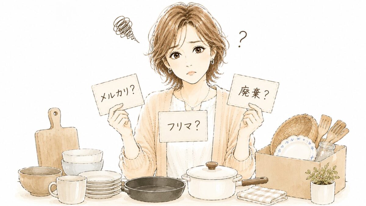 キッチン用品を前にメルカリ・フリマ・廃棄の3択カードを手に悩む女性のイラス
