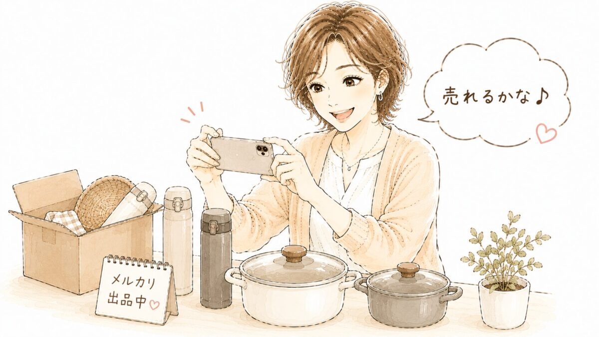キッチン用品をテーブルに並べてスマホで撮影しメルカリ出品する女性のイラスト