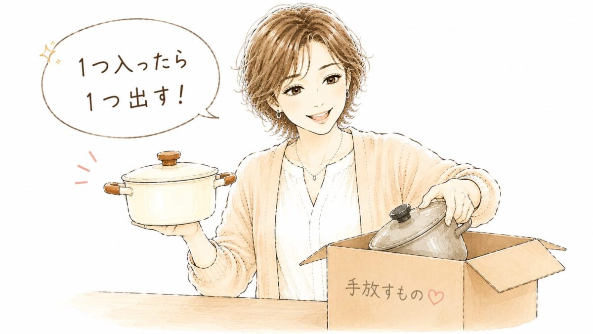 新しい鍋を手に取りながら古い鍋を手放すものBOXに入れる女性のイラスト