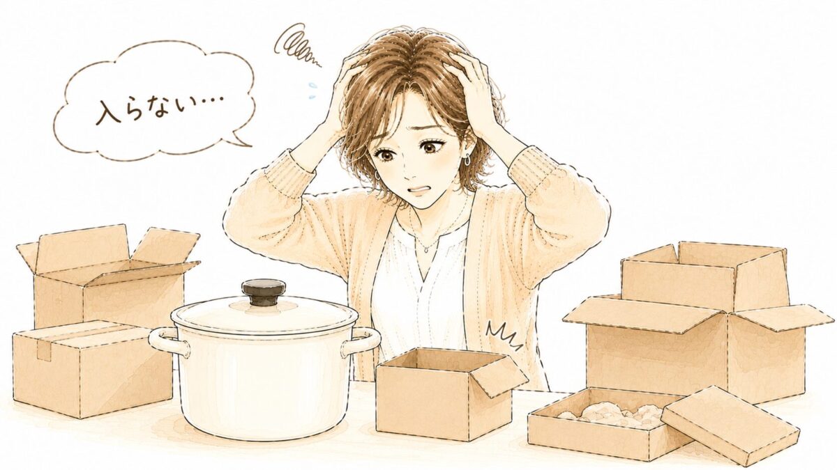 鍋に合うダンボール箱が見つからず頭を抱える女性のイラスト