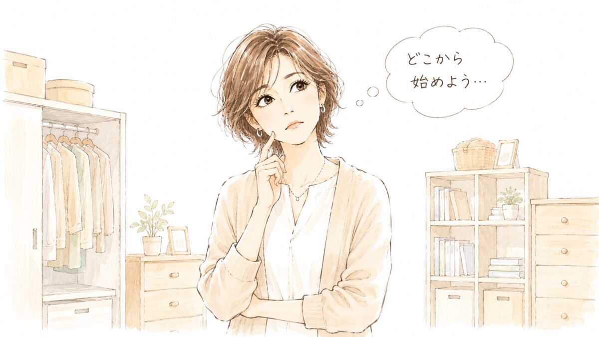 クローゼットや本棚を前に「どこから始めよう…」と考える女性のイラスト