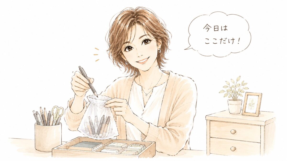 ペン立ての中身を整理しながら「今日はここだけ！」と笑顔の女性のイラスト
