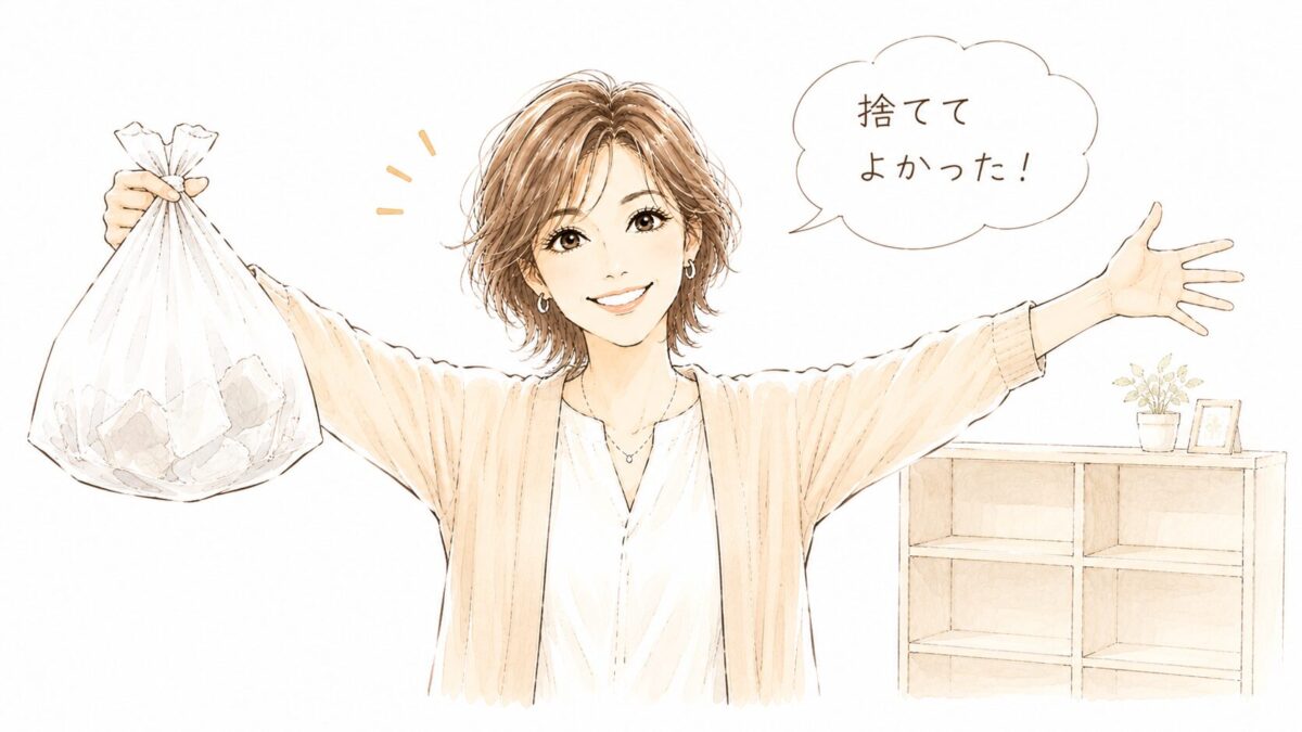 ゴミ袋を高く掲げ「捨ててよかった！」と両手を広げる女性のイラスト