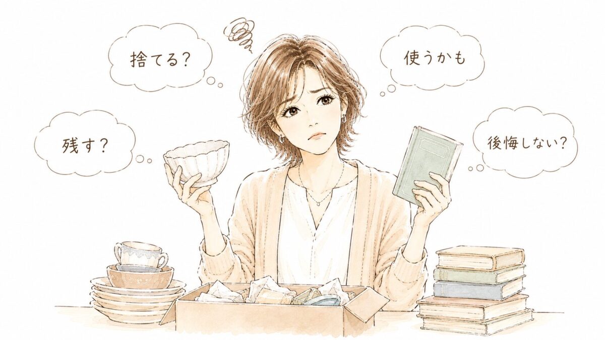 食器と本を手に「捨てる？残す？使うかも？後悔しない？」と葛藤する女性のイラスト