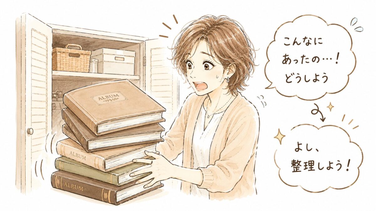 クローゼットを開けると大量のアルバムが出てきて驚いている50代女性のイラスト。「こんなにあったの…!どうしよう」「よし、整理しよう!」という吹き出し付き