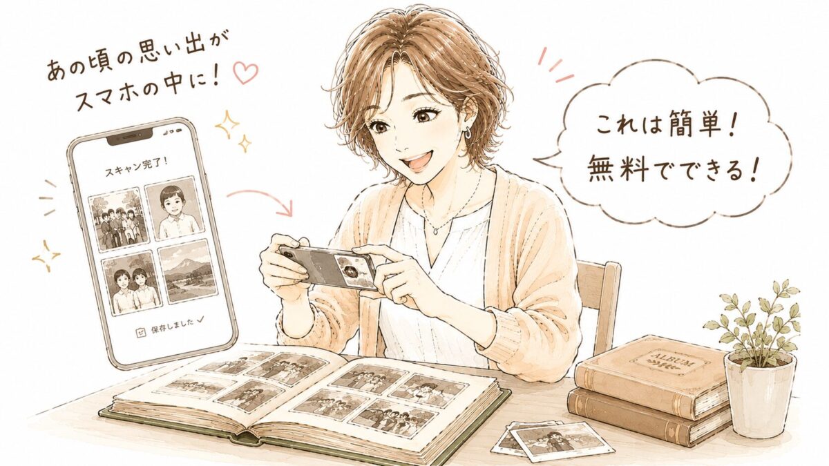 アルバムを広げてスマートフォンで写真をスキャンしている50代女性のイラスト。「あの頃の思い出がスマホの中に!」「これは簡単!無料でできる!」という吹き出し付き