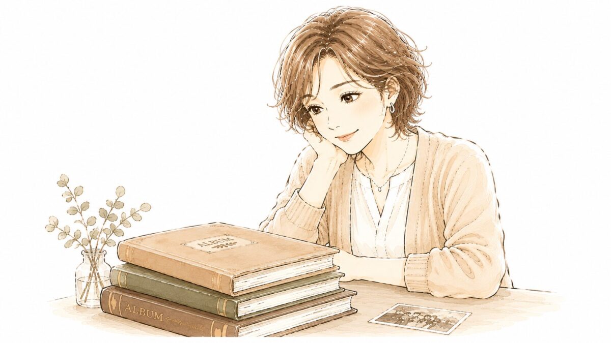 テーブルに積まれたアルバムを前に、静かに微笑んでいる50代女性のイラスト。思い出の写真を前に穏やかな表情をたたえている