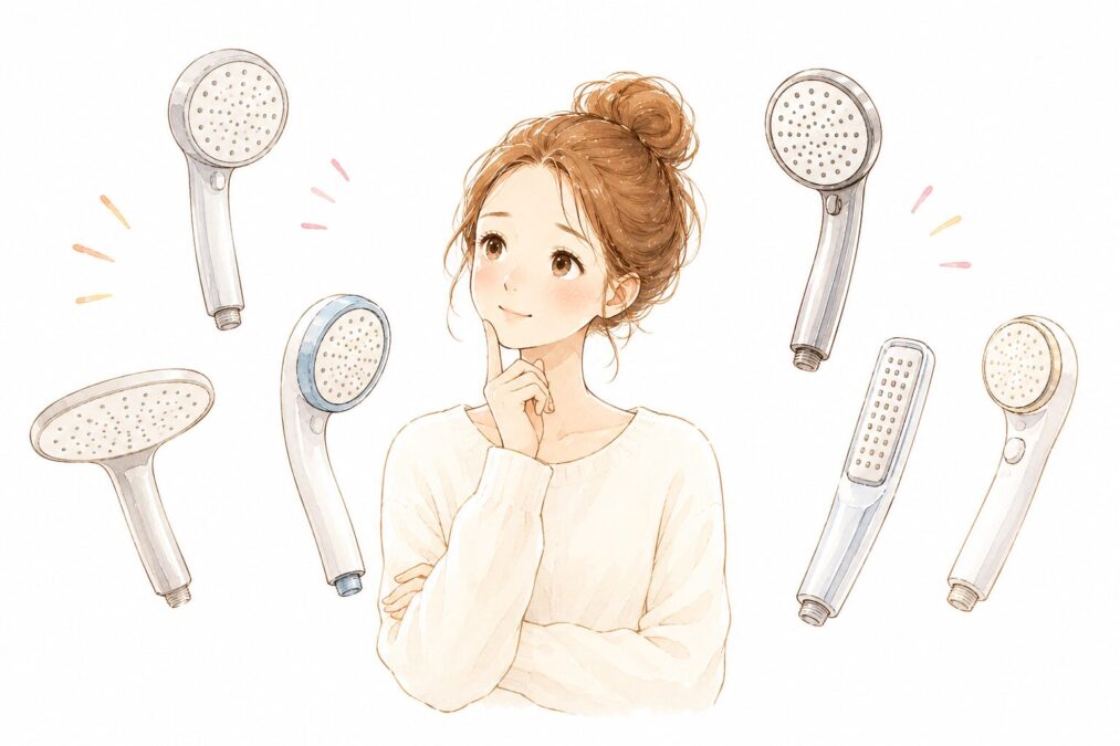 湯シャンに合うシャワーヘッド選びに迷う女性のイラスト