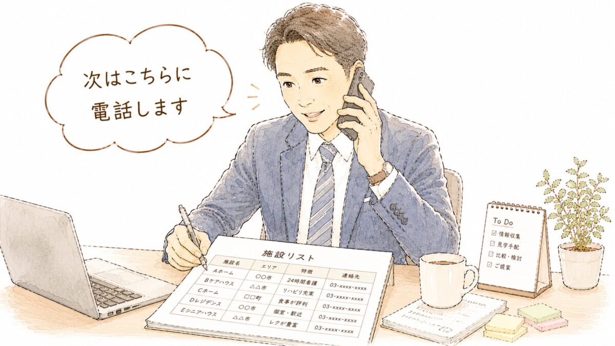 老人ホーム紹介業者が施設に次々と電話でアポイントを取っているイラスト
