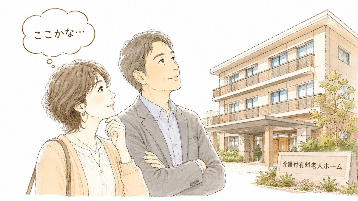 介護施設の外観の前で見学に来た夫婦が話し合っているイラスト