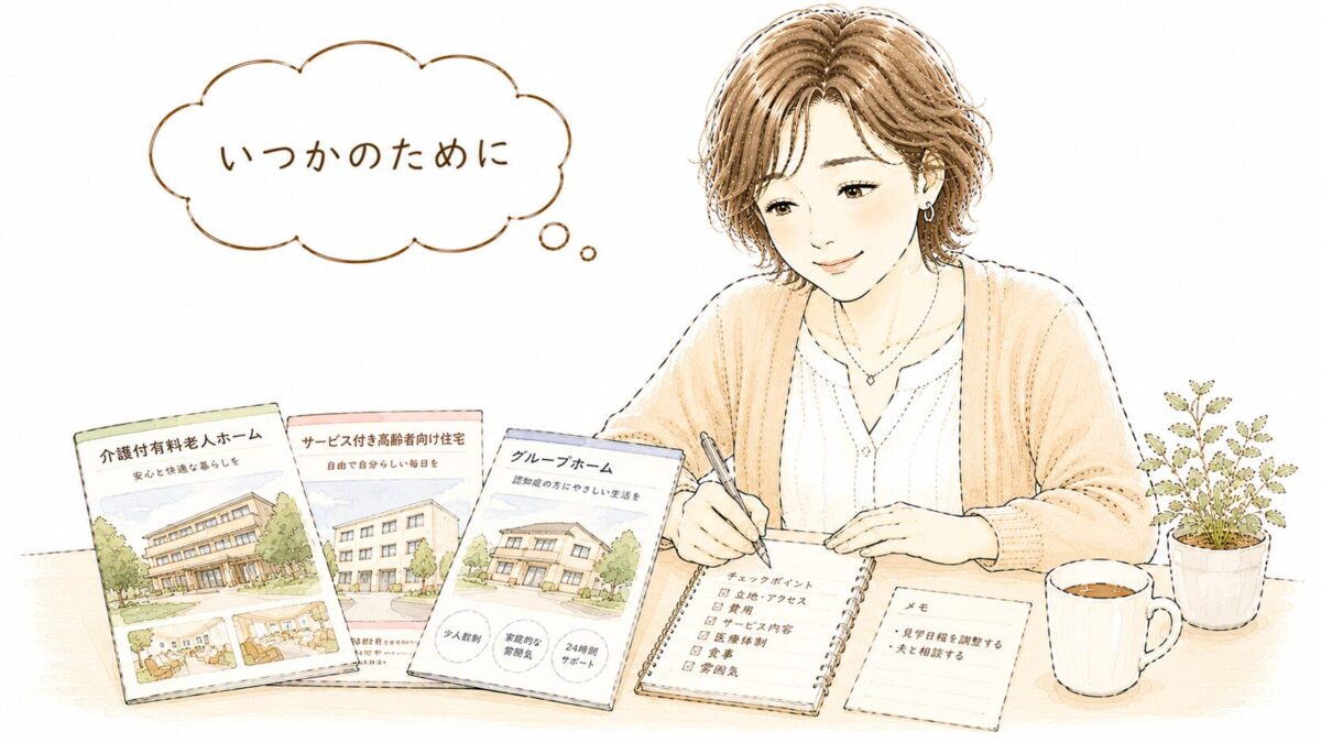 介護施設のパンフレットを手にメモしている女性のイラスト