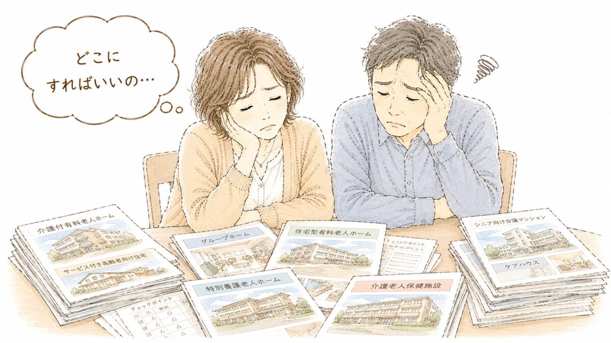 介護施設のパンフレットが山積みのテーブルで疲れ果てた夫婦のイラスト
