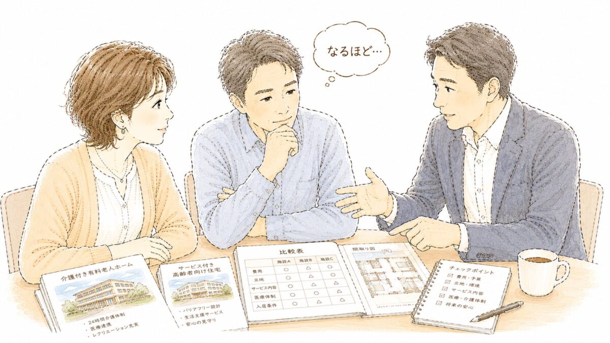 夫婦と老人ホーム紹介業の知人が3人でテーブルを囲んで話し合っているイラスト
